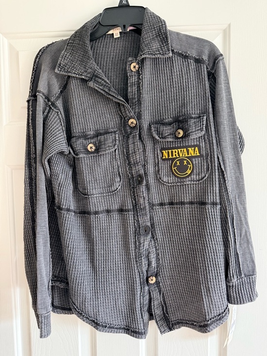 NIRVANA Upcycled Black Waffle Knit Button Down Shirt OVERSIZED Size XS OOAK - Picture 4 of 5